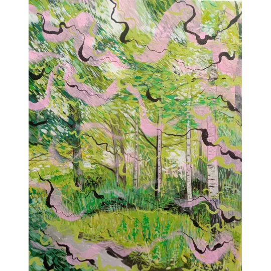 Original landscape painting in acrylic on canvas, of a bright woodland, with abstracted brushwork overlaying in pink and black.