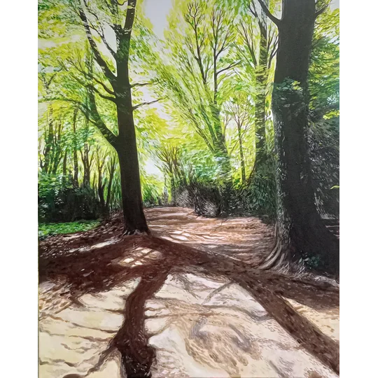 Original landscape painting of a sunlit green woodland with shadows cast on the ground.