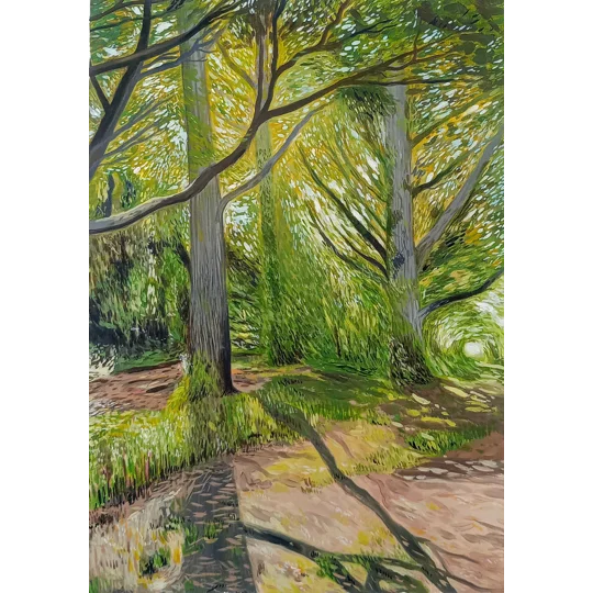 Original landscape painting on paper of a path through sunlit forest, with tree shadows on the ground.