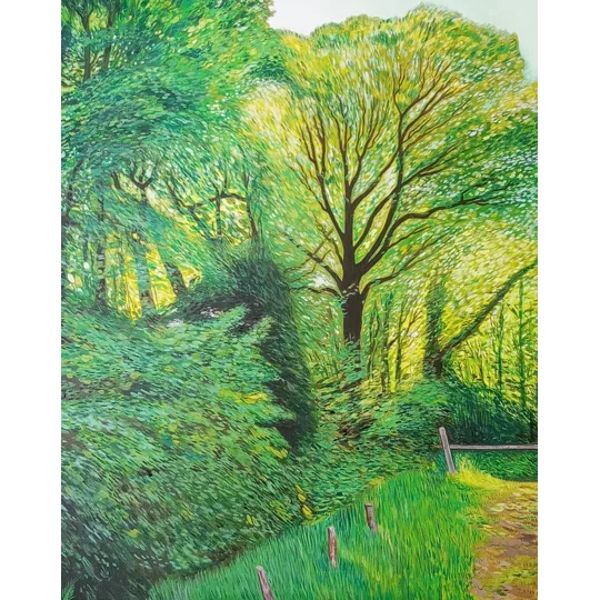 Giclee Print of an original landscape woodland painting of a sunlit woodland, with trees, foliage, a path, fence and gate.