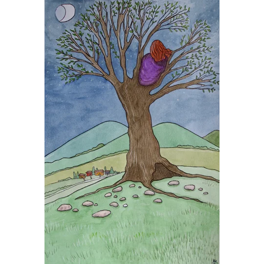Original watercolour painting in an illustrative mixed media style, using ink and coloured pencils, of a girl sitting in a tree at night with the moon in the sky, mountains behind with a line of distant small houses.
