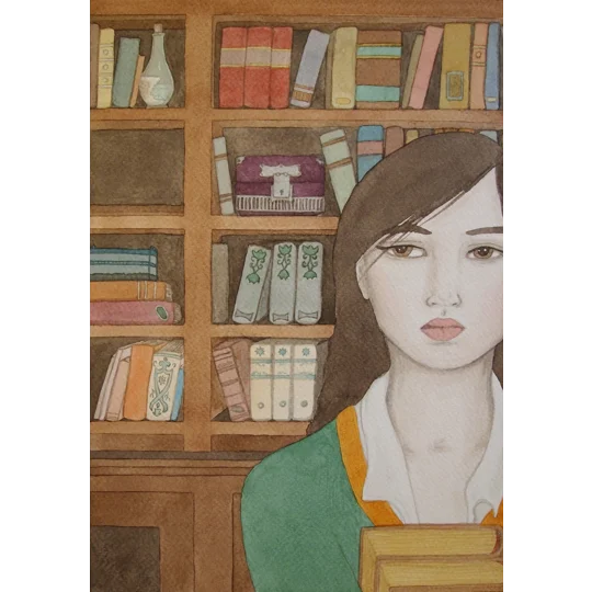 Giclee Print of an original watercolour illustrative painting of a woman in a library holding books to her chest and aware of a mysterious locked box on the shelf behind her.