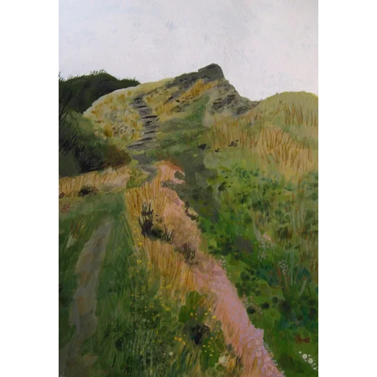 Original gouache landscape painting on paper, inspired by Binnel Bay on the Isle of Wight. Colourful foliage up a grassy coastal path.