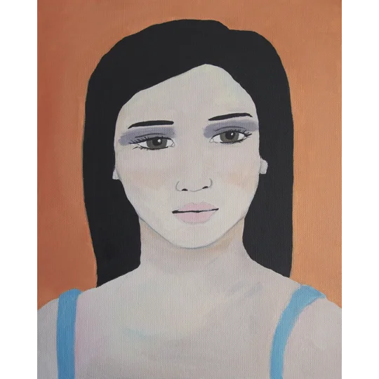 Giclee Print of an original acrylic portrait painting featuring a dark haired woman, an orange background and a blue top.