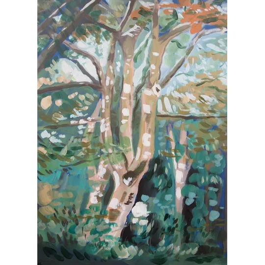 Original lively landscape painting in acrylic on board of a vibrant colourful tree in foliage, with different greens, beige and orange.