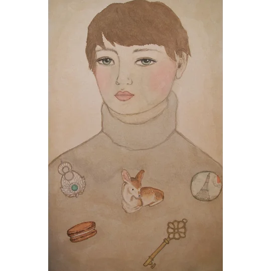 Giclee Print of an original watercolour portrait painting in a vintage, illustrative style, featuring a woman with short brown hair in a roll-neck jumper, with nostalgic Paris themed objects, jewellery, a macaroon, the Eiffel Tower, a deer ornament and an ornate old key.