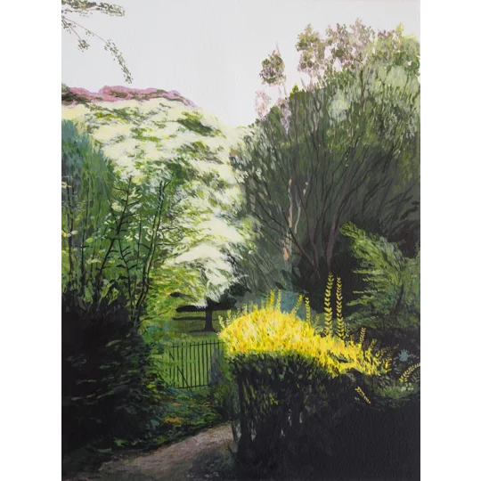 Giclee Print of an original landscape painting of a park with mixed foliage in different colours, pink, white, yellow and green. A path and gate lead into the park.