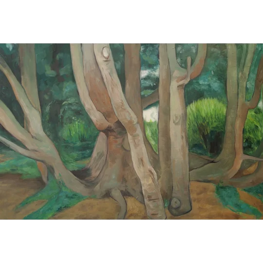 Original oil landscape painting of a large tree in a park, in beige, brown and different greens.
