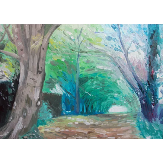 Original oil landscape painting inspired by the English countryside. Bordering on the surreal, with areas of blue and pink, creating a magical dreamlike quality.