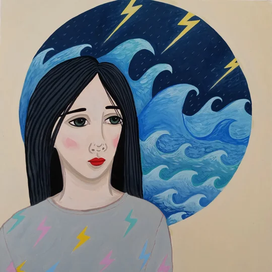 Original surreal oil portrait painting on paper of a woman in lightning printed top with lightning and stormy seas behind her.