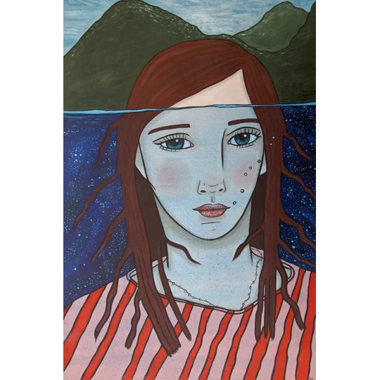 Original surreal oil portrait painting on paper of a woman in a striped top, underwater, with mountains behind.