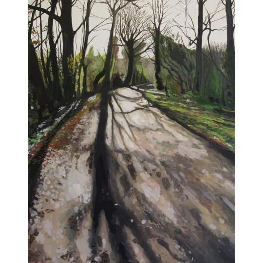 Giclee Print of an original acrylic landscape painting inspired by winter trees in Yarmouth on the Isle of Wight. Long shadows dominate the picture as the path leads ahead through the wintery trees.