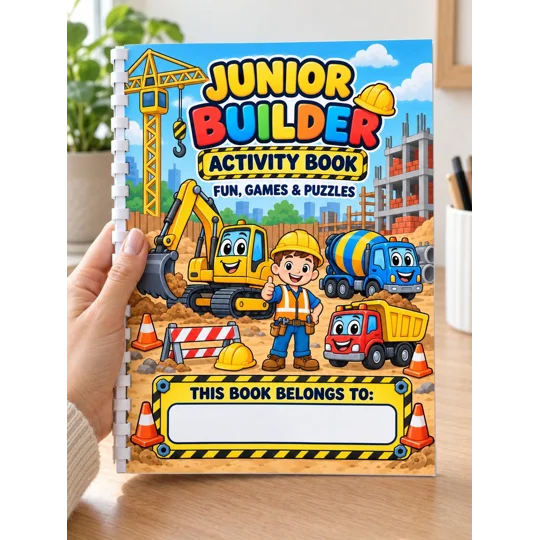 Personalised Junior Builder Activity Book A4 Kids Skills Puzzles Games Ages 4-7