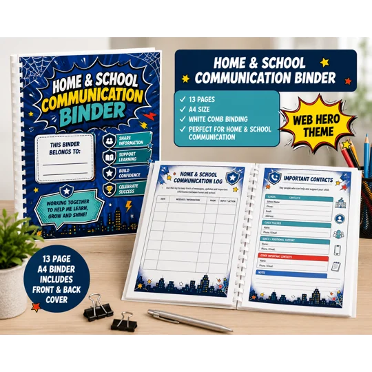 Personalised Home & School Communication Binder A4 13 Page Kids Organiser