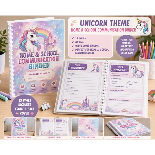 Personalised Home & School Communication Binder A4 13 Page Kids Organiser