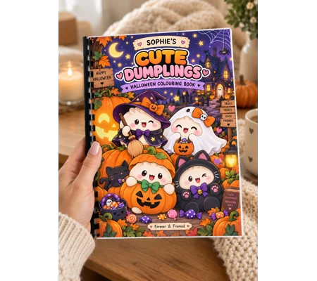 Personalised A4 Halloween Squishy Dumplings Colouring Book – 25 Pages – Kids Gif