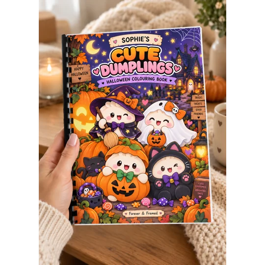 Personalised A4 Halloween Squishy Dumplings Colouring Book – 25 Pages – Kids Gif