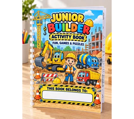 Personalised Junior Builder Activity Book A4 Kids Skills Puzzles Games Ages 4-7