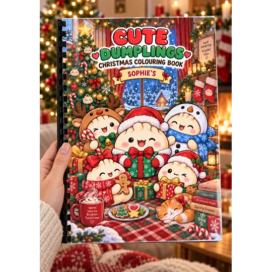 Personalised A4 Christmas Squishy Dumplings Colouring Book – 25 Pages – Kids Gif