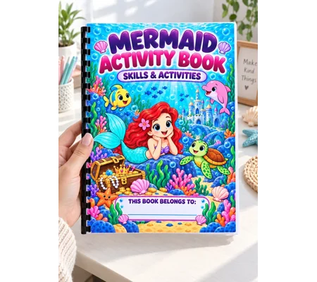 Personalised Mermaid Activity Book A4 Children's Skills Puzzles Games Ages 4-7