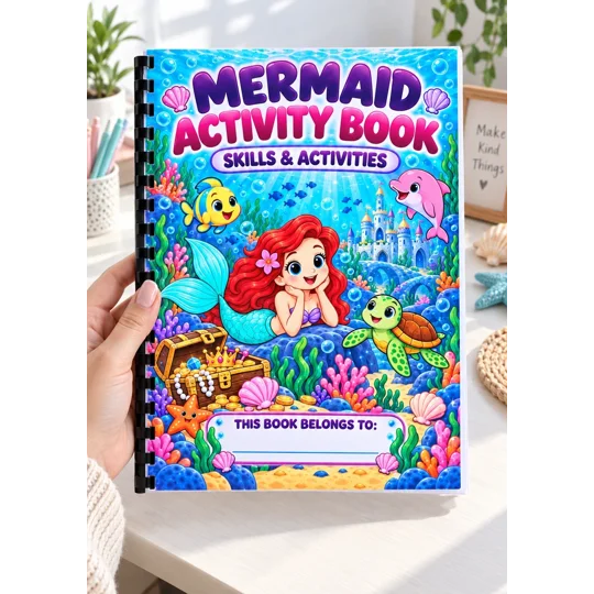 Personalised Mermaid Activity Book A4 Children's Skills Puzzles Games Ages 4-7