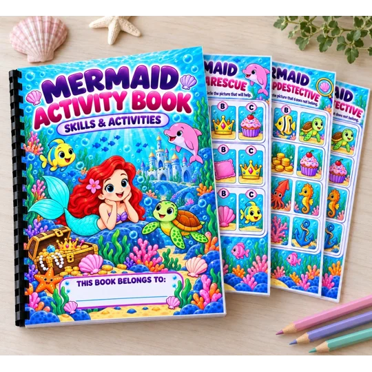 Personalised Mermaid Activity Book A4 Children's Skills Puzzles Games Ages 4-7