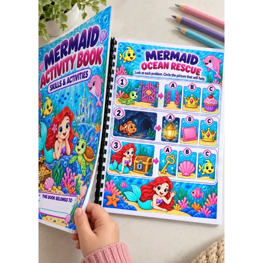 Personalised Mermaid Activity Book A4 Children's Skills Puzzles Games Ages 4-7