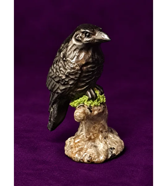 Obsidian Carved Raven on a Yooperlite Branch