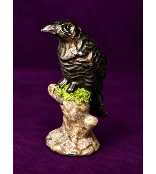 Obsidian Carved Raven on a Yooperlite Branch