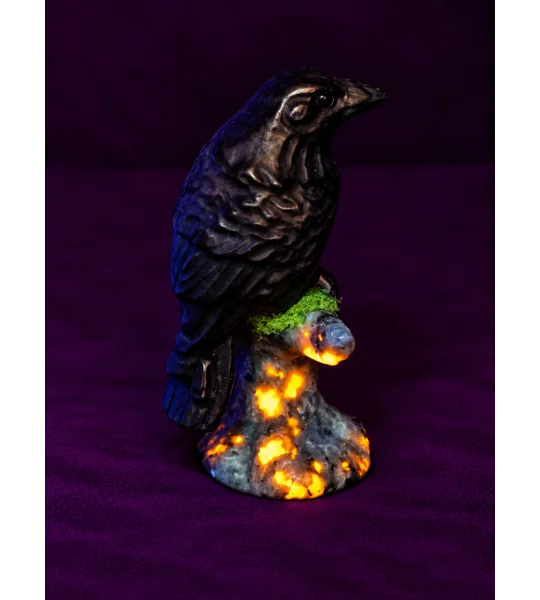 Obsidian Carved Raven on a Yooperlite Branch