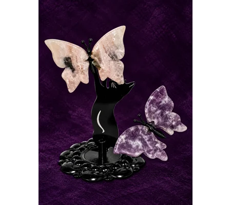 Pink Flower Agate + Lepidolite Butterflies on Cat Stand