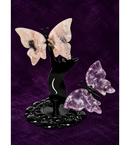 Pink Flower Agate + Lepidolite Butterflies on Cat Stand