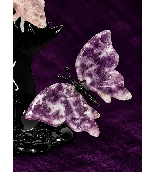 Pink Flower Agate + Lepidolite Butterflies on Cat Stand