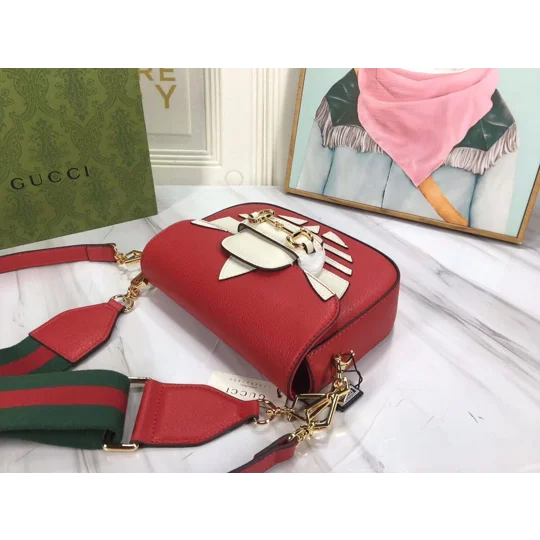 Gucci X ADIDAS Textured Dollar Calfskin Web Trefoil Mini Horsebit 1955 Shoulder Bag Hibiscus Red Off