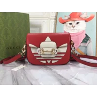 Gucci X ADIDAS Textured Dollar Calfskin Web Trefoil Mini Horsebit 1955 Shoulder Bag Hibiscus Red Off
