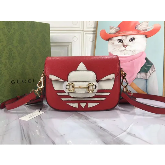 Gucci X ADIDAS Textured Dollar Calfskin Web Trefoil Mini Horsebit 1955 Shoulder Bag Hibiscus Red Off