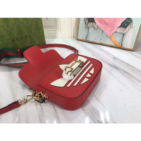 Gucci X ADIDAS Textured Dollar Calfskin Web Trefoil Mini Horsebit 1955 Shoulder Bag Hibiscus Red Off