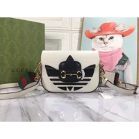 Gucci X ADIDAS Textured Dollar Calfskin Web Trefoil Mini Horsebit 1955 Shoulder Bag Hibiscus Red Off