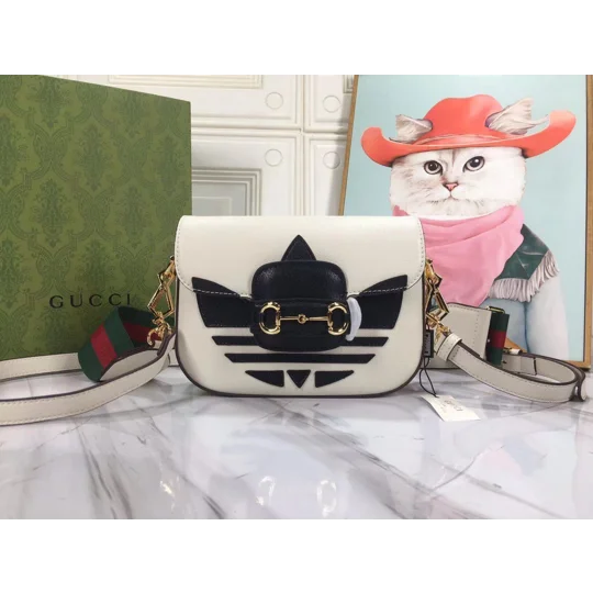 Gucci X ADIDAS Textured Dollar Calfskin Web Trefoil Mini Horsebit 1955 Shoulder Bag Hibiscus Red Off