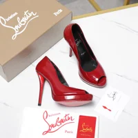 Christian Louboutin Lady Peep 150 pumps crafted in glossy red patent leather.