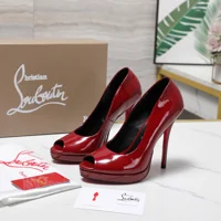 Christian Louboutin Lady Peep 150 pumps crafted in glossy red patent leather.