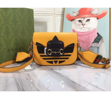 Gucci X ADIDAS Textured Dollar Calfskin Web Trefoil Mini Horsebit 1955 Shoulder Bag Hibiscus Red Off
