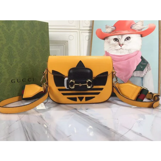 Gucci X ADIDAS Textured Dollar Calfskin Web Trefoil Mini Horsebit 1955 Shoulder Bag Hibiscus Red Off