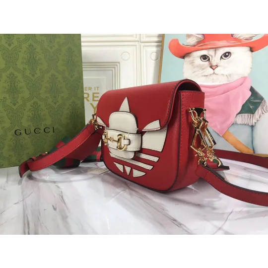 Gucci X ADIDAS Textured Dollar Calfskin Web Trefoil Mini Horsebit 1955 Shoulder Bag Hibiscus Red Off
