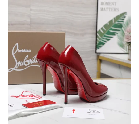 Christian Louboutin Lady Peep 150 pumps crafted in glossy red patent leather.