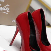 Christian Louboutin Lady Peep 150 pumps crafted in glossy red patent leather.