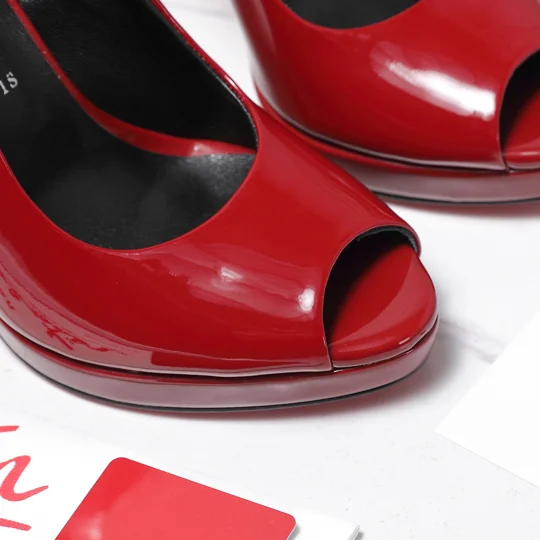 Christian Louboutin Lady Peep 150 Patent Leather Pumps – Glossy Red