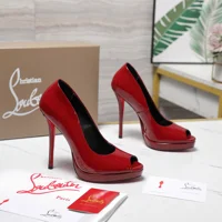 Christian Louboutin Lady Peep 150 pumps crafted in glossy red patent leather.