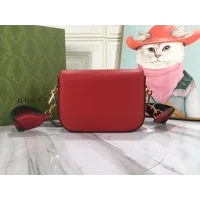 Gucci X ADIDAS Textured Dollar Calfskin Web Trefoil Mini Horsebit 1955 Shoulder Bag Hibiscus Red Off