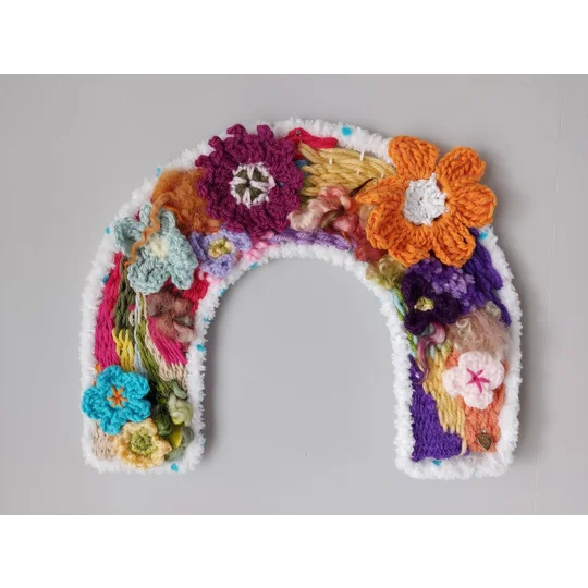 Arch Wall Hanging - Woven Fibre Art with Crocheted Flowers